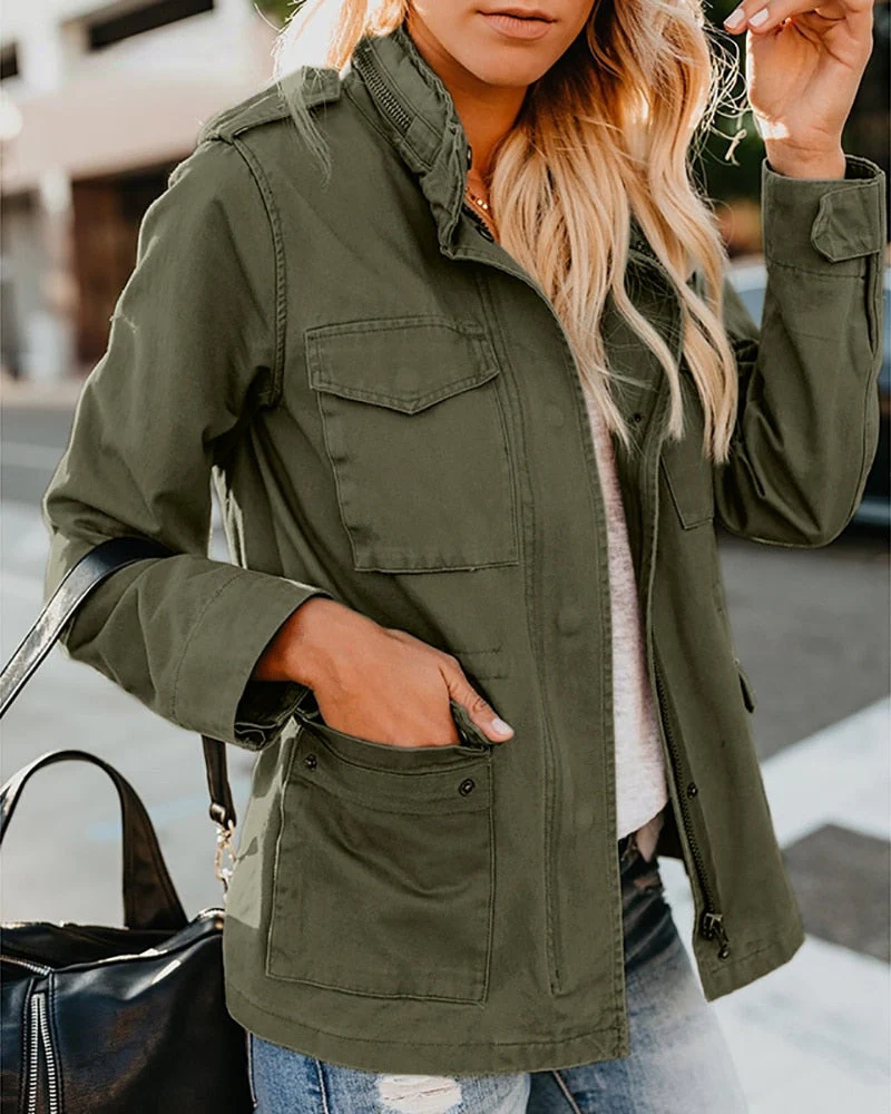 deanwangkt Women Zipper Jacket Autumn Female Outerwear Long Sleeve Casual Streetwear Coat Windbreaker Anorak Stand Collar Military Jackets - Deanwangkt