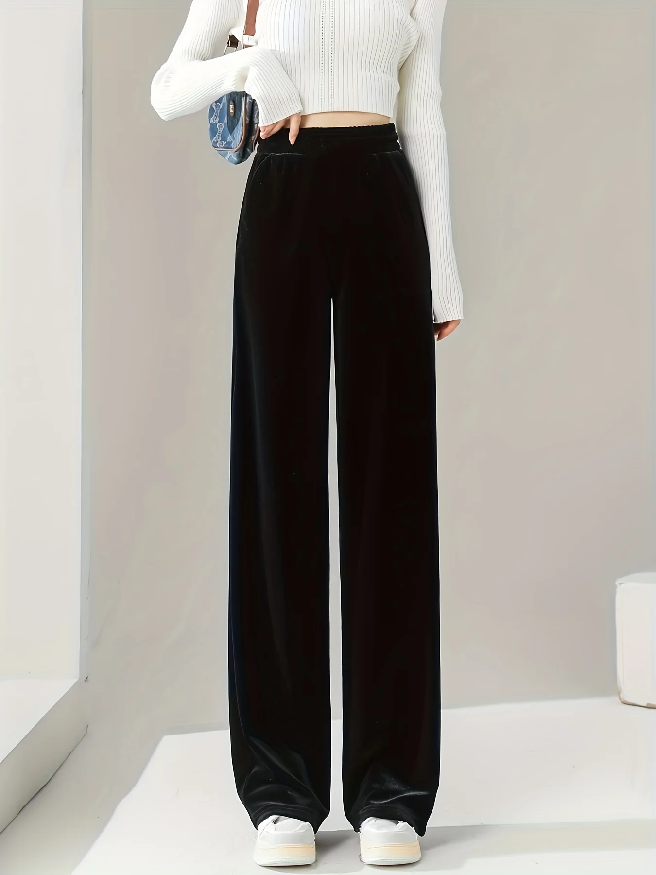 Solid Velvet Straight Leg Pants, Casual Elastic Waist Loose Pants, Women's Clothing - Deanwangkt
