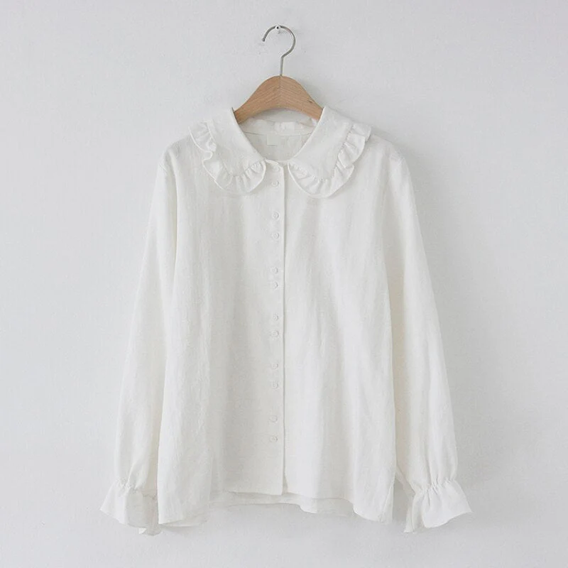 deanwangkt Shirts Blouses Women Fashion Design Girl Preppy Style Flare Sleeve Tops Crew Neck Solid Shirt Autumn Spring Brown Button Coats - Deanwangkt