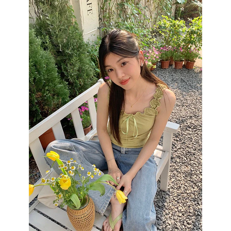 Edible Tree Fungus Y2K Summer Tank Top Solid Hotsweet White Sweet Women Sleeveless Camis Bottoming Korean Ballet Vest Bandage - Deanwangkt