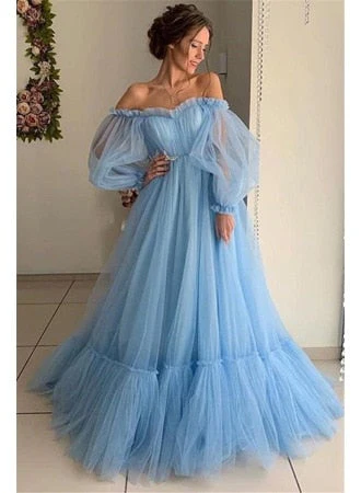 Tromlfz Pink Prom Dresses Long Sleeve Off The Shoulder Gauze Princess Vestido  Ball Gown Formal Evening Party Robe - Deanwangkt