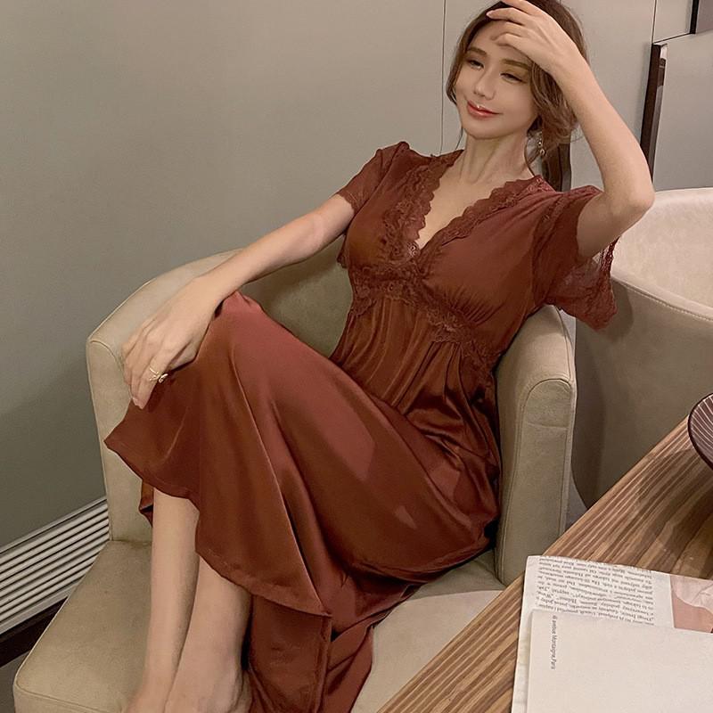 Female Nightgown Elegant Palace Style Princess Long Nightgown Sleepwear Summer Short Sleeve Sleepshirt Satin Silk Home Dress - Deanwangkt