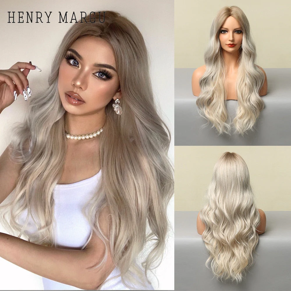 Long Ombre Brown Light Ash Platinum Blonde Wavy Wigs Cosplay Party Synthetic Wig for Women High Temperature Fibre - Deanwangkt