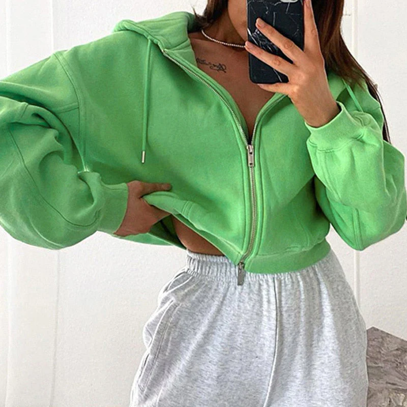 deanwangkt Autumn Winter Women Green Long Sleeve Streetwear Hooded Zipper Sweatshirt Coats Loose Oversized Crop Top Short Jackets - Deanwangkt