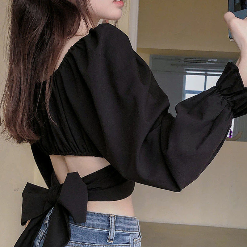 deanwangkt Women Blouses Solid Designer Slim Sexy Crop Top Bandage Square Collar Korean Style Trendy Temperament Females Shirts Summer Chic - Deanwangkt