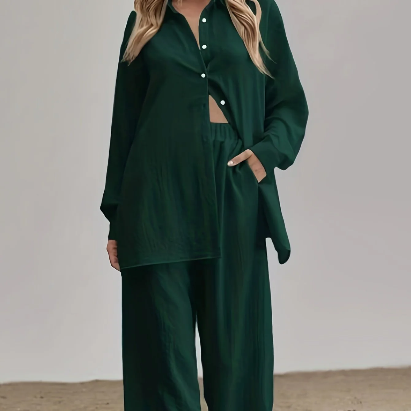 deanwangkt-1  Solid Casual Two-piece Set, Button Front Long Sleeve Shirt & Elastic Waist Pants Outfits, Women's Clothing - Deanwangkt