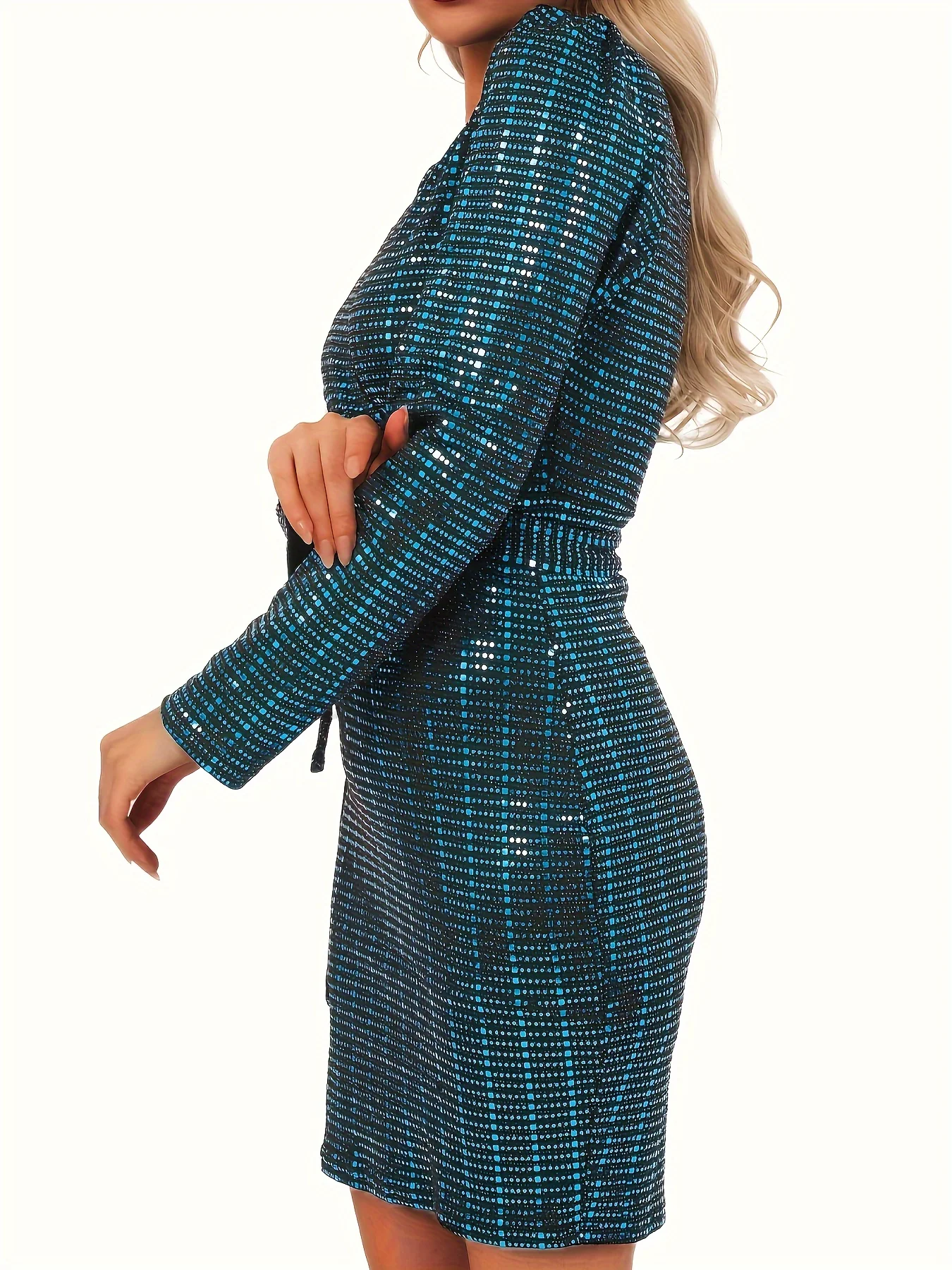 Surplice Neck Solid Bodycon Dress, Elegant Long Sleeve Above Knee Dress, Women's Clothing - Deanwangkt