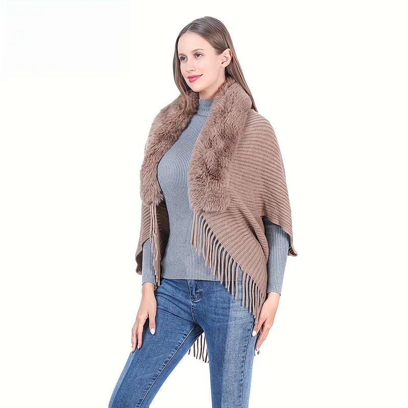 Large Fur Collar Cape Shawl Monochrome Striped Knitted Tassel Cardigan Outside Wear Warm Thick Shawl - Deanwangkt