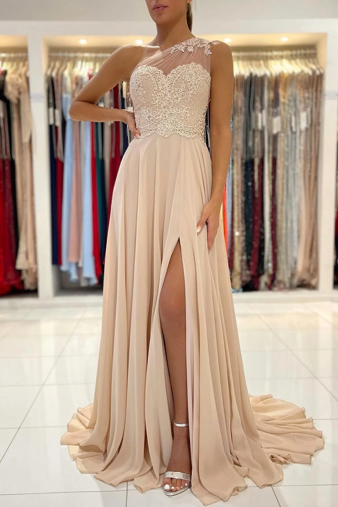 solvbao Champagne Chiffon Long Prom Dresses, One Shoulder Evening Dresses - Deanwangkt