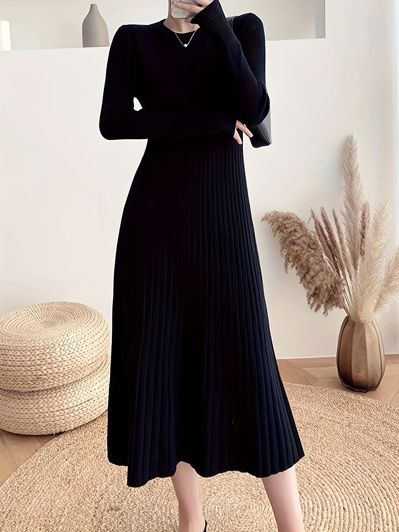 Ribbed Solid Midi Dress, Elegant Crew Neck Long Sleeve Dress, Women's Clothing - Deanwangkt