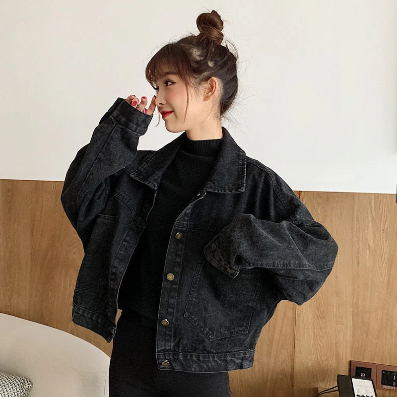 deanwangkt Harajuku Black Denim Short Jacket Women Korean Loose Bomber Jacket Female Outerwear Streetwear Long Sleeve Casual Overcoat Mujer - Deanwangkt