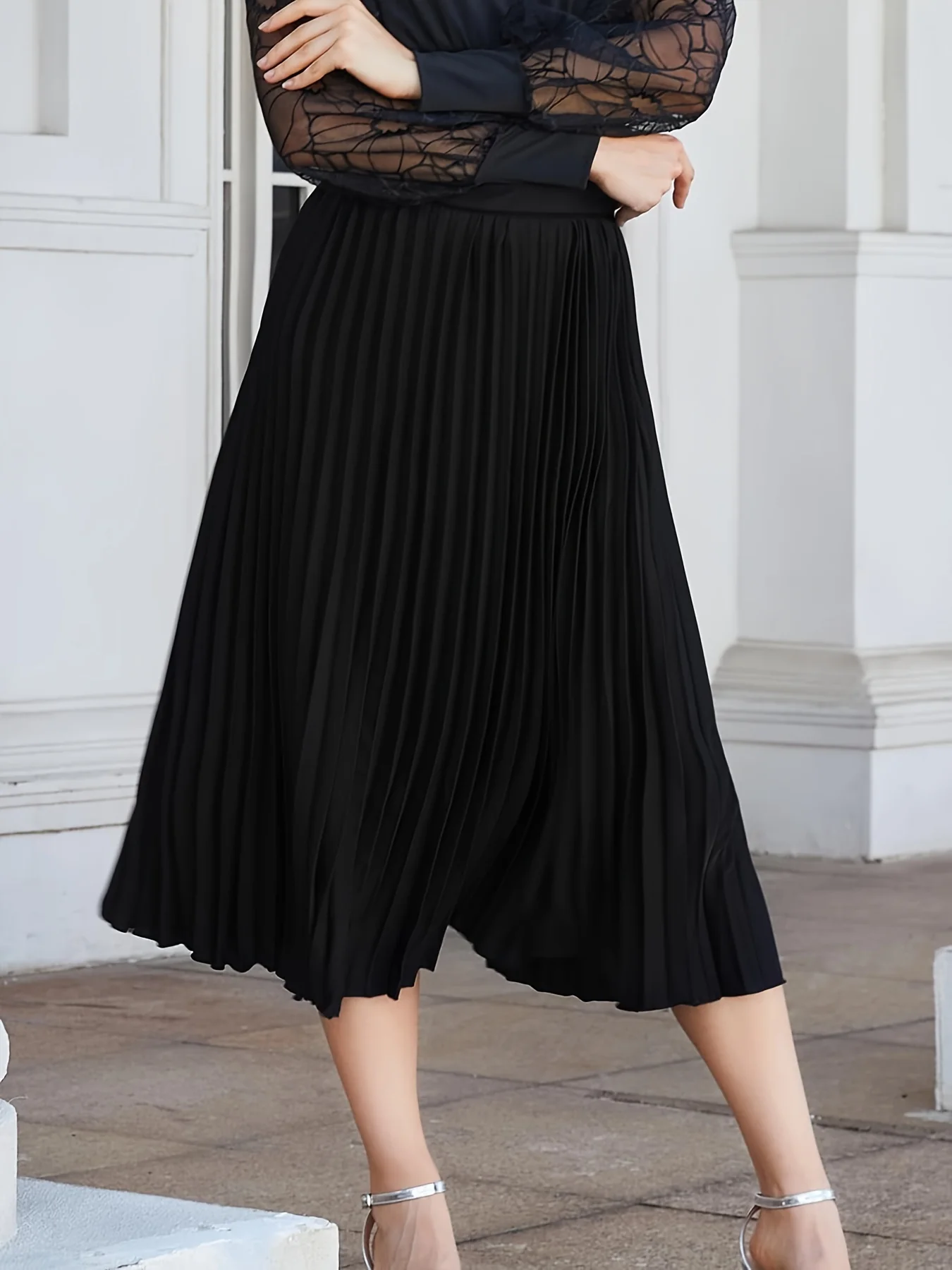 Elastic Waist Pleated Skirt, Casual Solid Skirt For Spring & Summer, Women's Clothing - Deanwangkt
