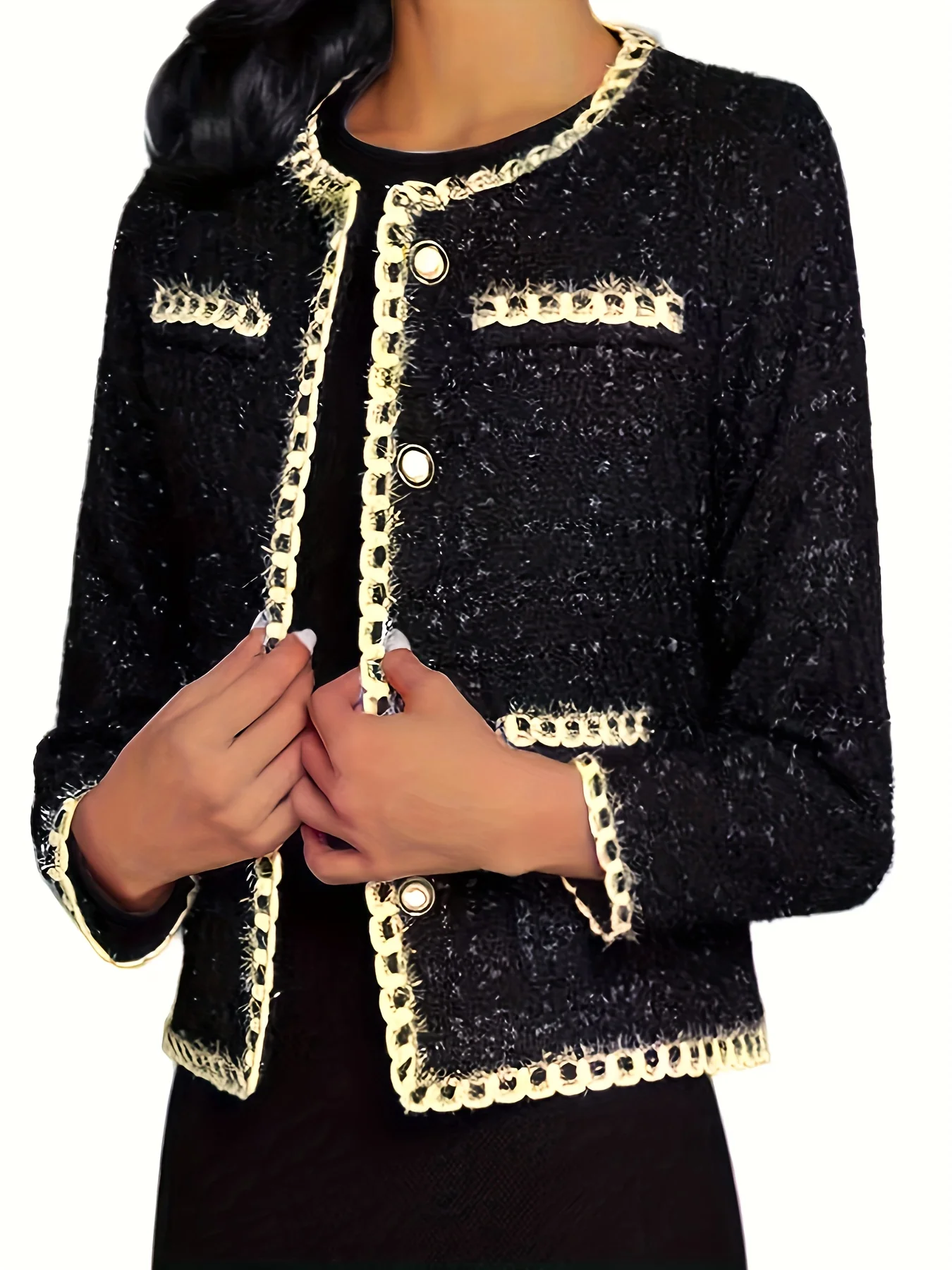 Contrast Trim Button Front Jacket, Casual Crew Neck Long Sleeve Outerwear, Women's Clothing - Deanwangkt