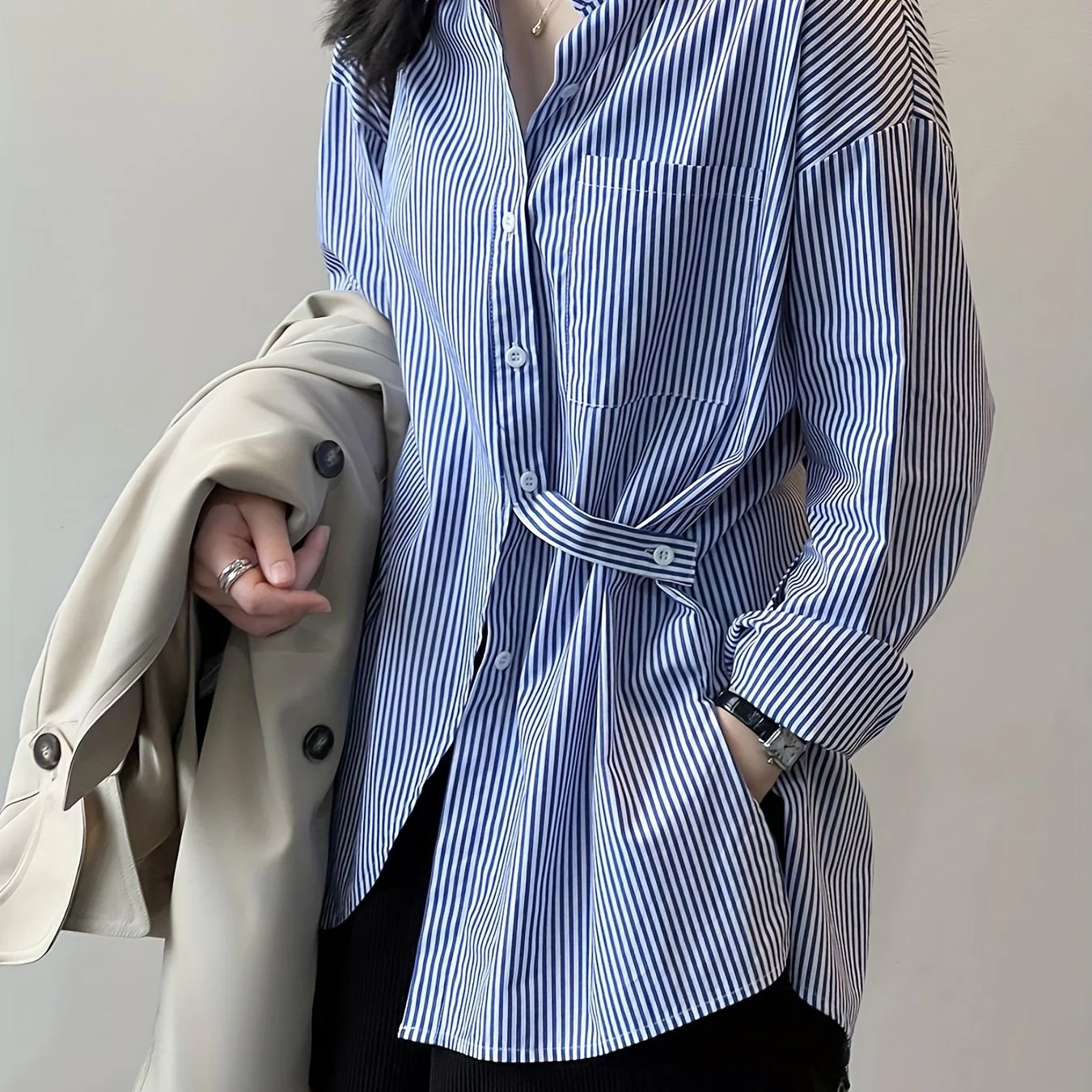 Striped Print Split Shirt, Casual Button Front Long Sleeve Shirt, Women's Clothing - Deanwangkt