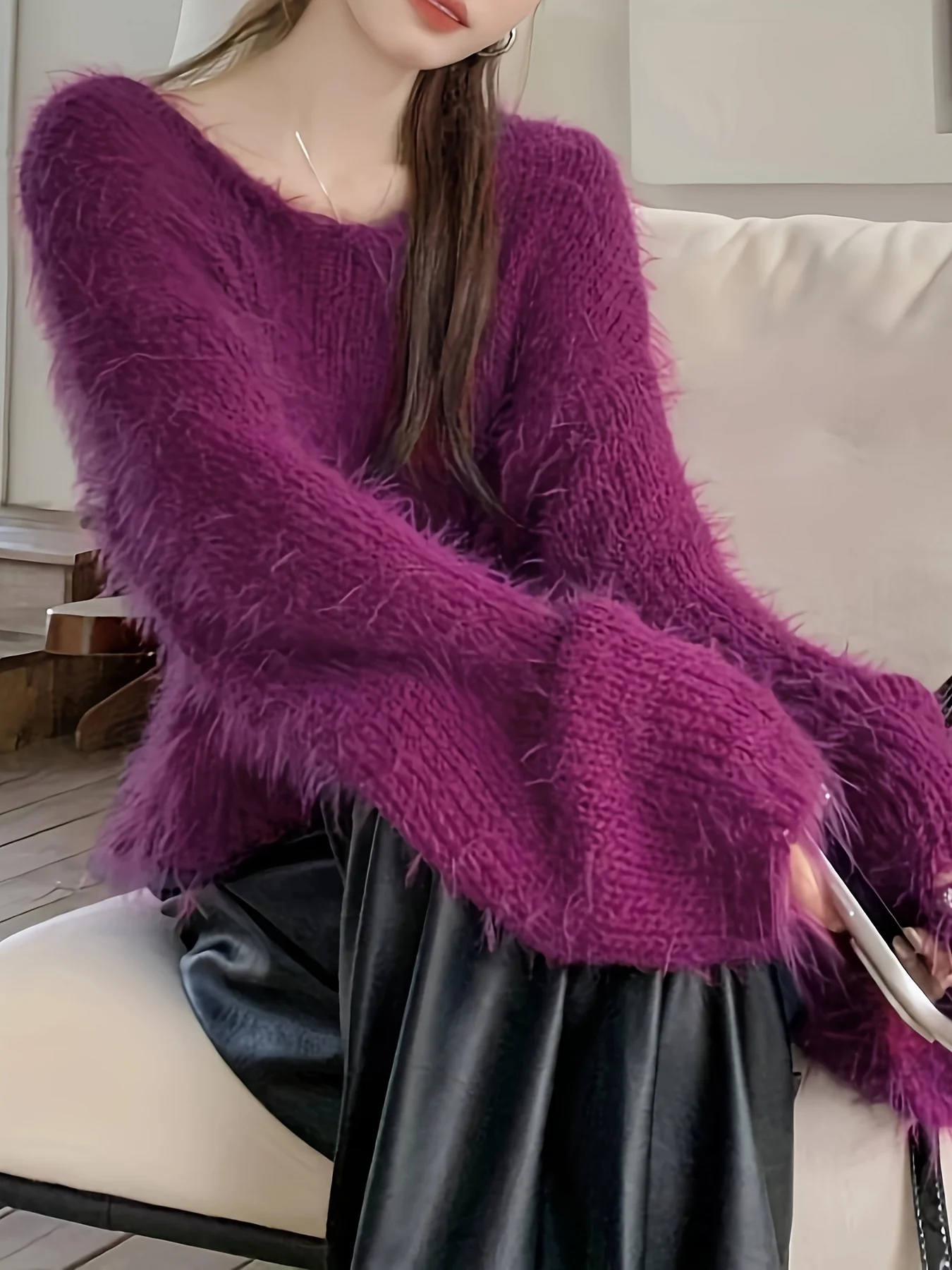 deanwangkt  Solid Crew Neck Plush Pullover Sweater, Casual Long Sleeve Loose Cozy Sweater, Women's Clothing - Deanwangkt