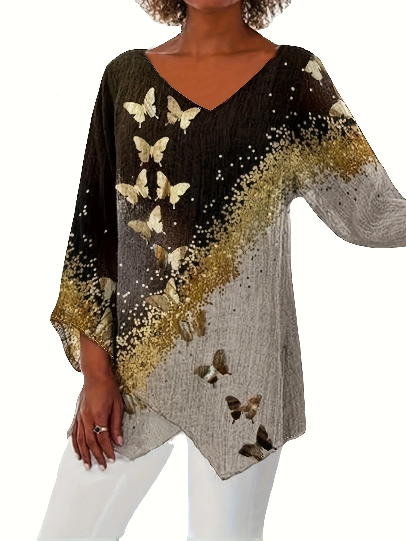 Plus Size Fluid Print Long Sleeve Layered T-shirt, Women's Plus Slight Stretch V Neck Loose Elegant Top - Deanwangkt