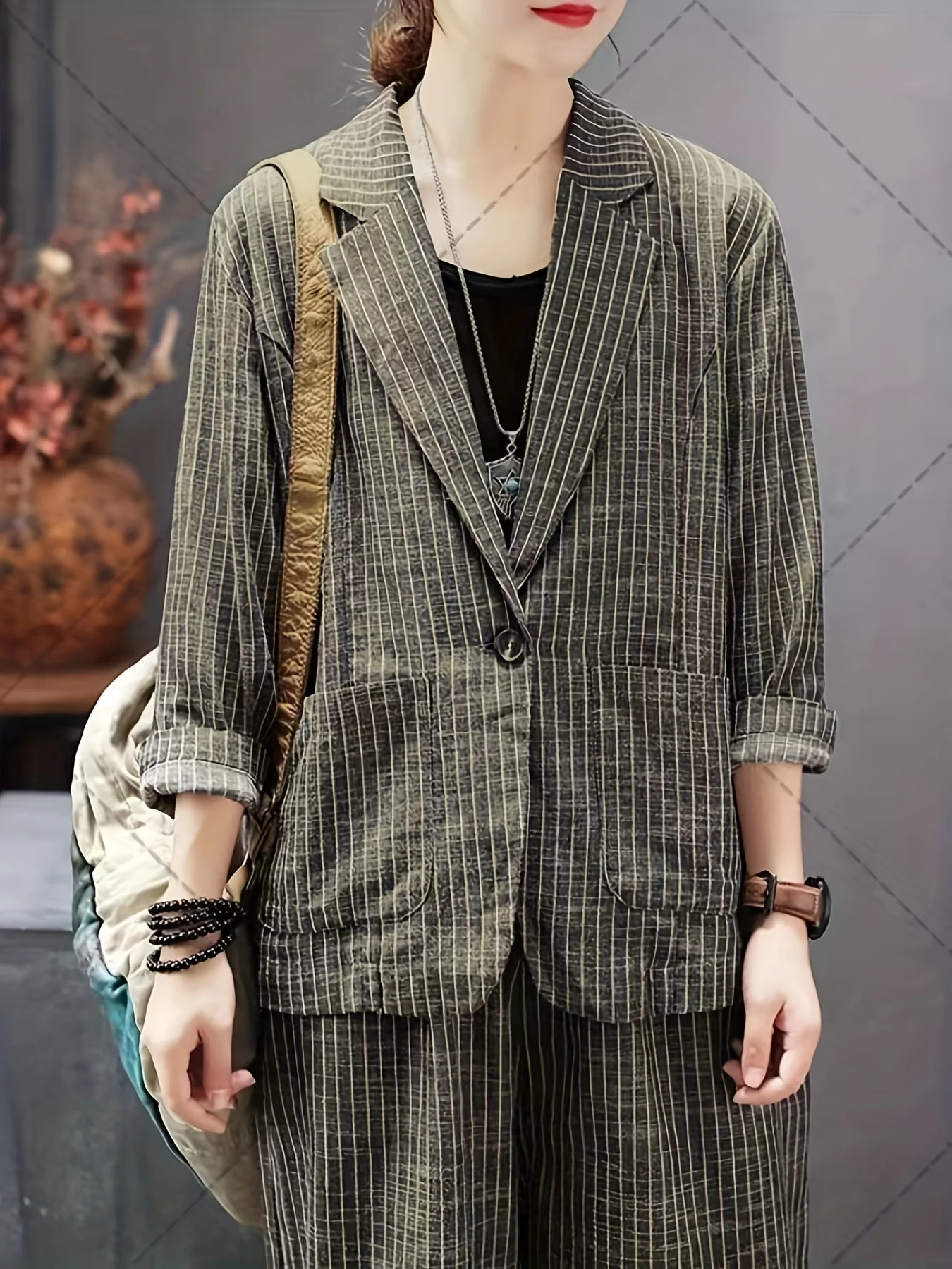 deanwangkt Striped Print Casual Two-piece Set, Lapel One Button Long Sleeve Blazer & Long Length Wide Leg Pants Outfits, Women's Clothing - Deanwangkt