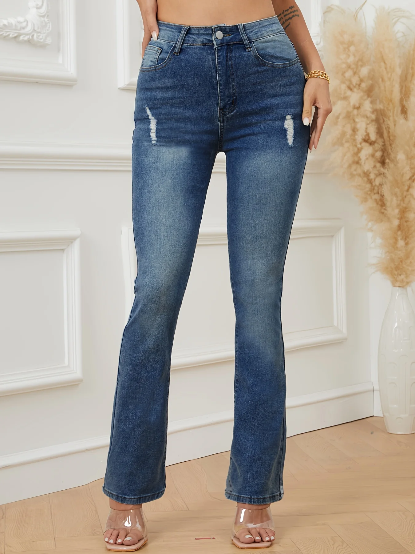 Plain Ripped Holes Bootcut Jeans, High-Stretch Slant Pockets Slim Fit Denim Pants, Women's Denim Jeans & Clothing - Deanwangkt