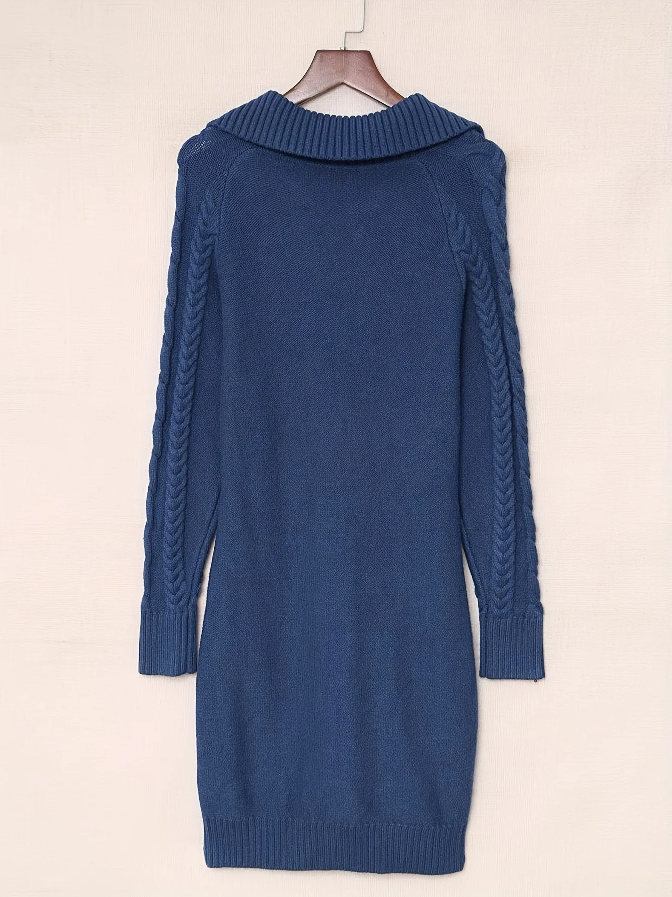 Solid Cable Knit Sweater Dress, Elegant V Neck Long Sleeve Mini Dress, Women's Clothing - Deanwangkt