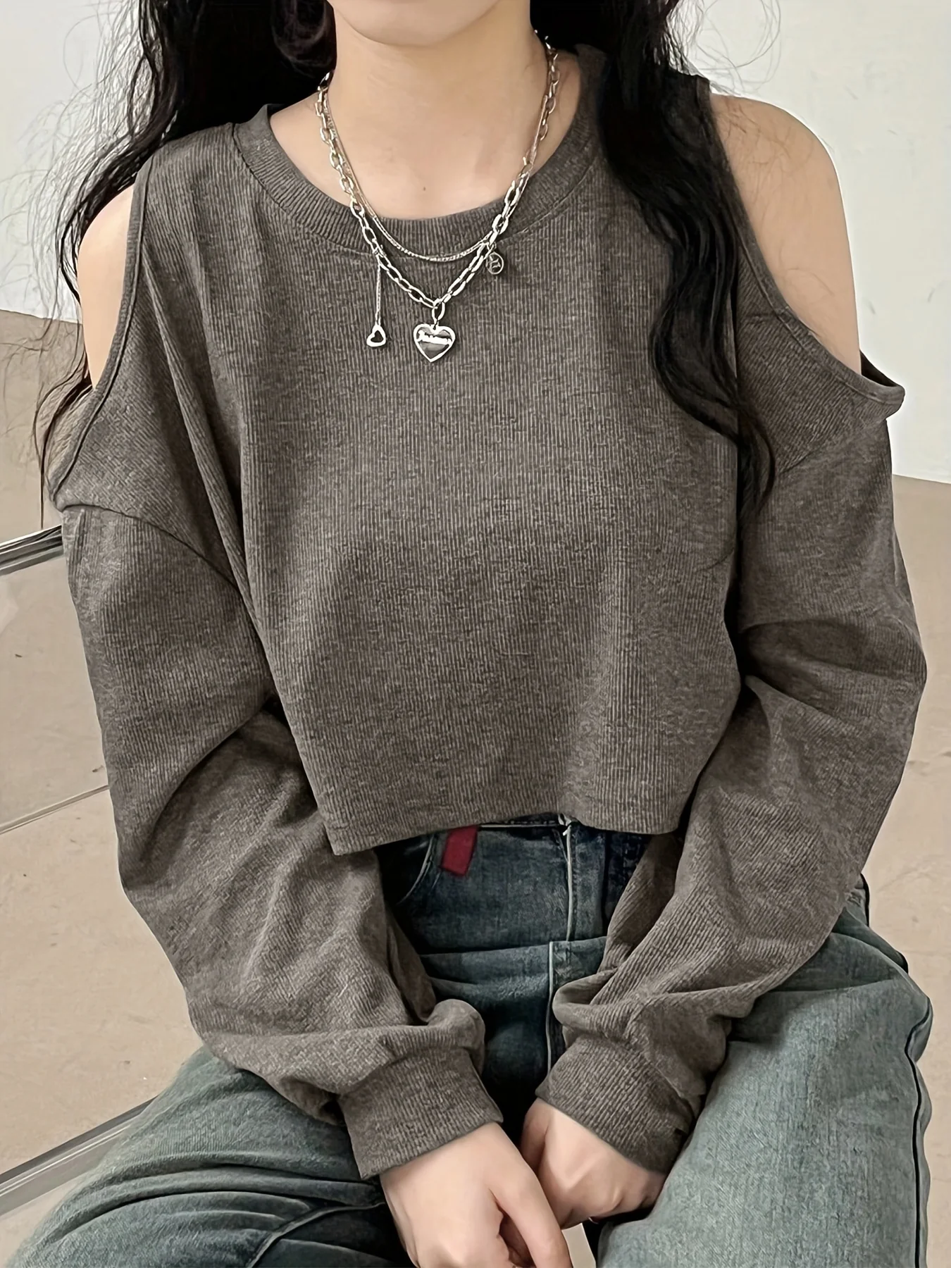 deanwangkt  Cold Shoulder Crew Neck T-Shirt, Casual Long Sleeve T-Shirt For Spring & Fall, Women's Clothing - Deanwangkt