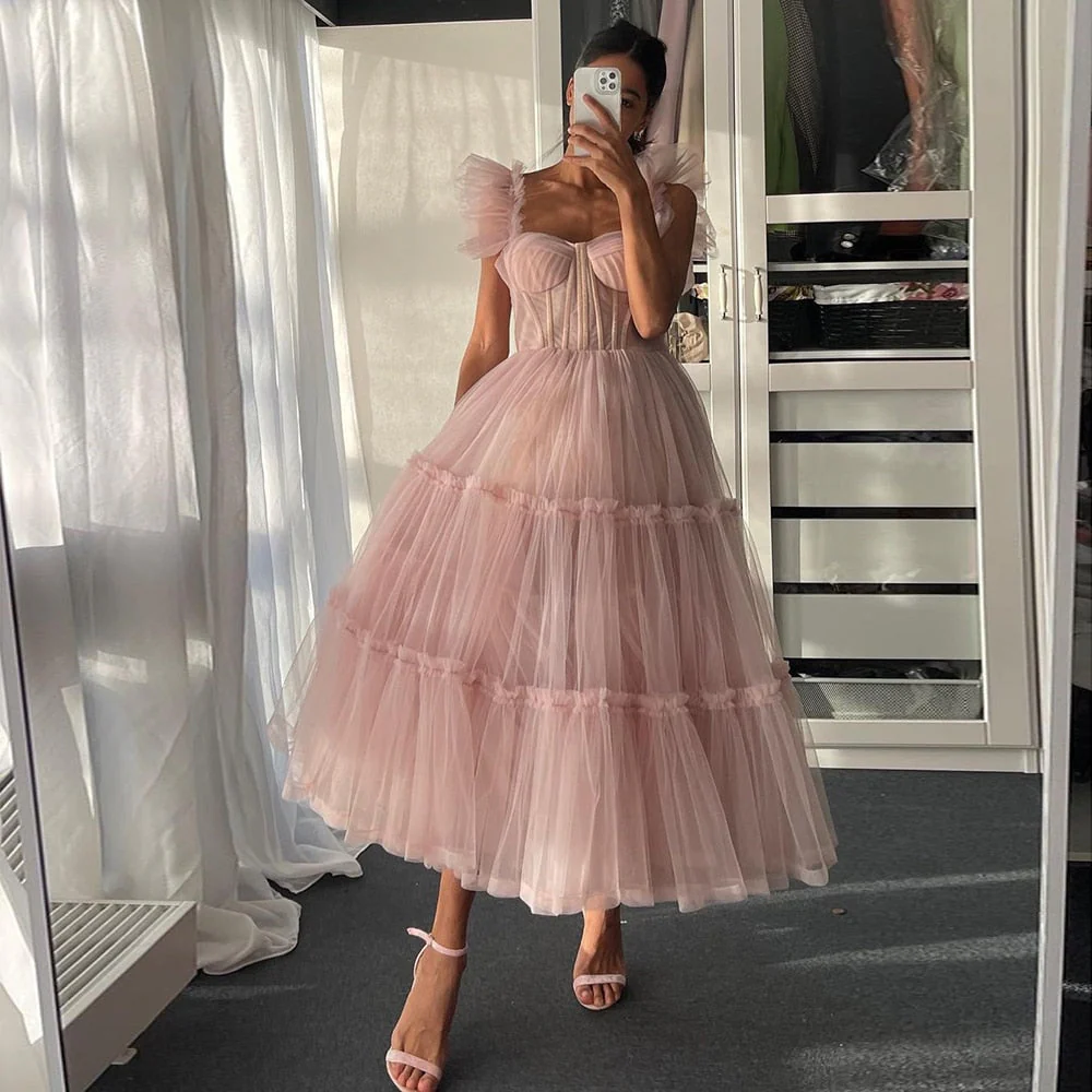 Sevintage Simple Light Pink Short Prom Dresses Spaghetti Straps Tiered Tulle Prom Gowns Sweeheart Tea-Length Wedding Party Dress - Deanwangkt