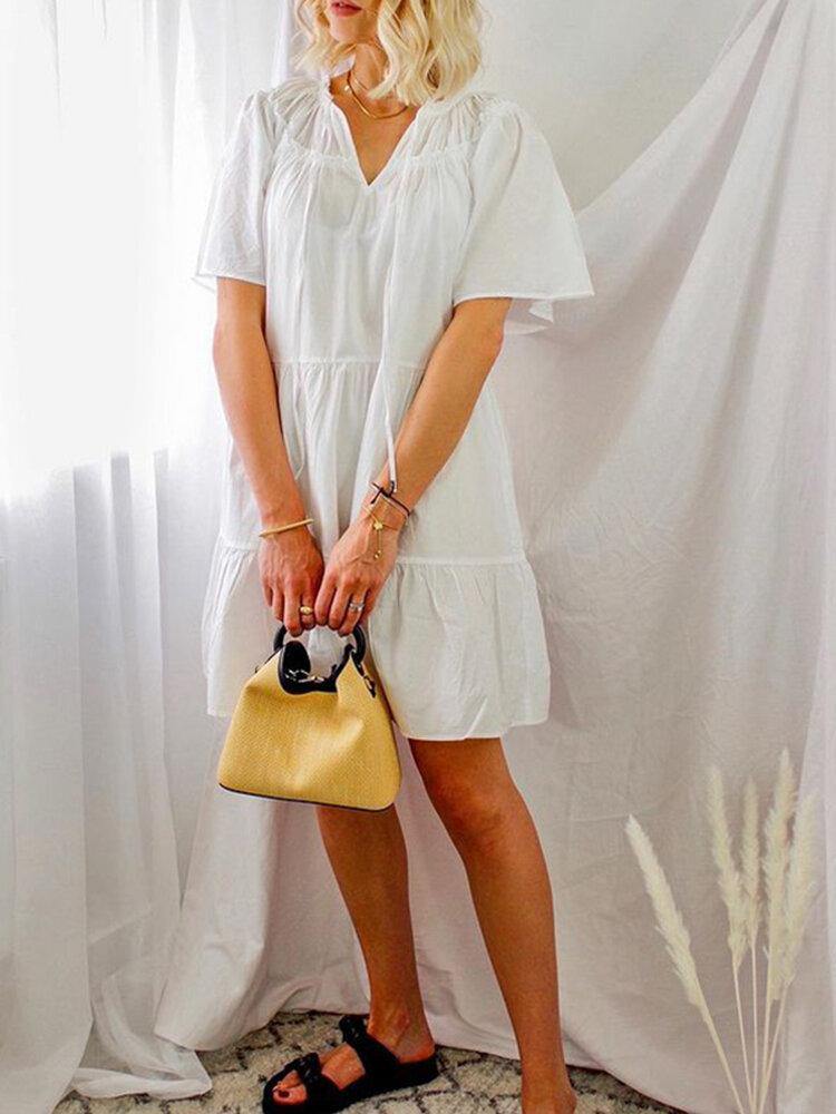 deanwangkt Women Solid Color Short Sleeve Elegant Dress - Deanwangkt