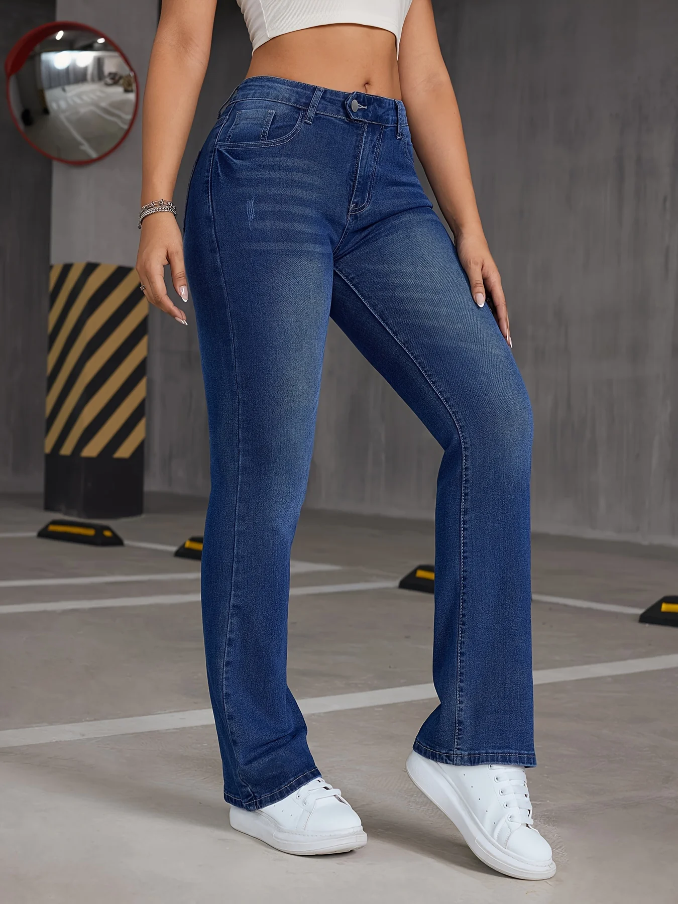 deanwangkt  Asymmetric Button Slant Pocket Bootcut Jeans, Stretchy Washed Blue Whiskering Flare Denim Pants, Women's Denim Jeans & Clothing - Deanwangkt