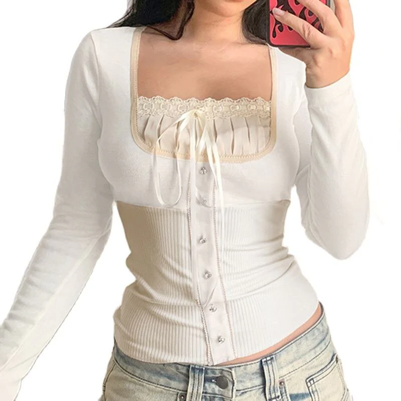 Long Sleeve T-Shirt Black Top Women Patchwork Lace Crop Top Winter Spring Women Pulovers Sexy Skinny V Neck Tees 90s Y2K Clothes - Deanwangkt
