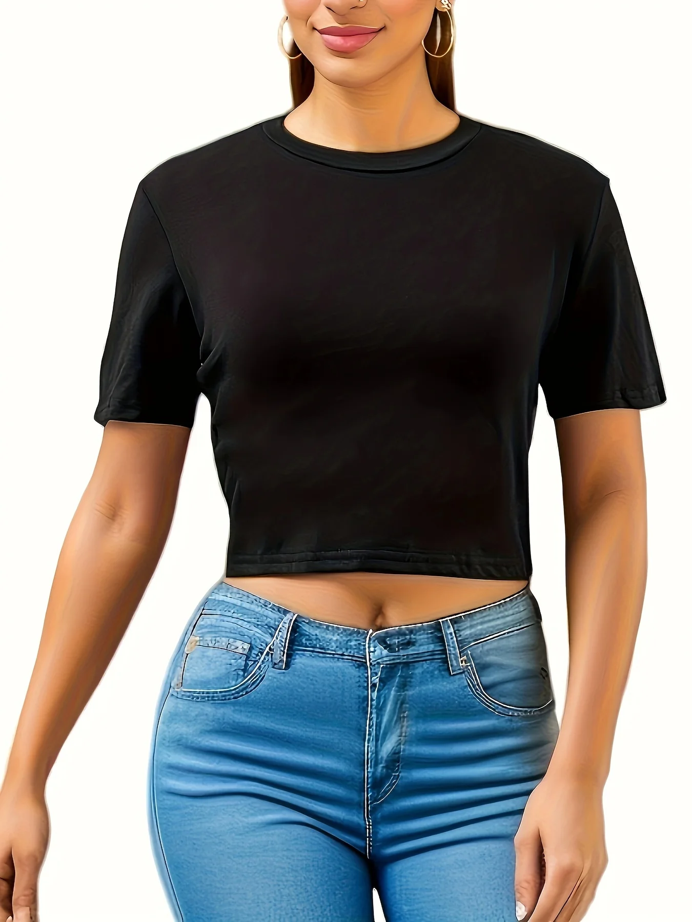 Crew Neck Skinny Cropped T-Shirt, Y2K Short Sleeve T-Shirt For Spring & Summer, Women's Clothing - Deanwangkt