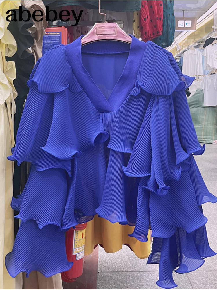 deanwangkt Striped Patchwork Ruffle Blouse For Women V Neck Long Sleeve Elegant Shirt Female Fashion Clothing Spring - Deanwangkt