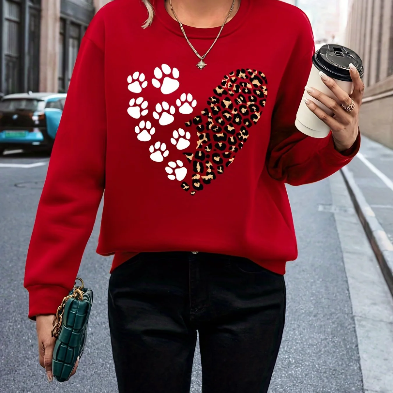 deanwangkt Leopard & Paw Print Pullover Sweatshirt, Casual Long Sleeve Crew Neck Sweatshirt For Fall & Winter, Women's Clothing - Deanwangkt