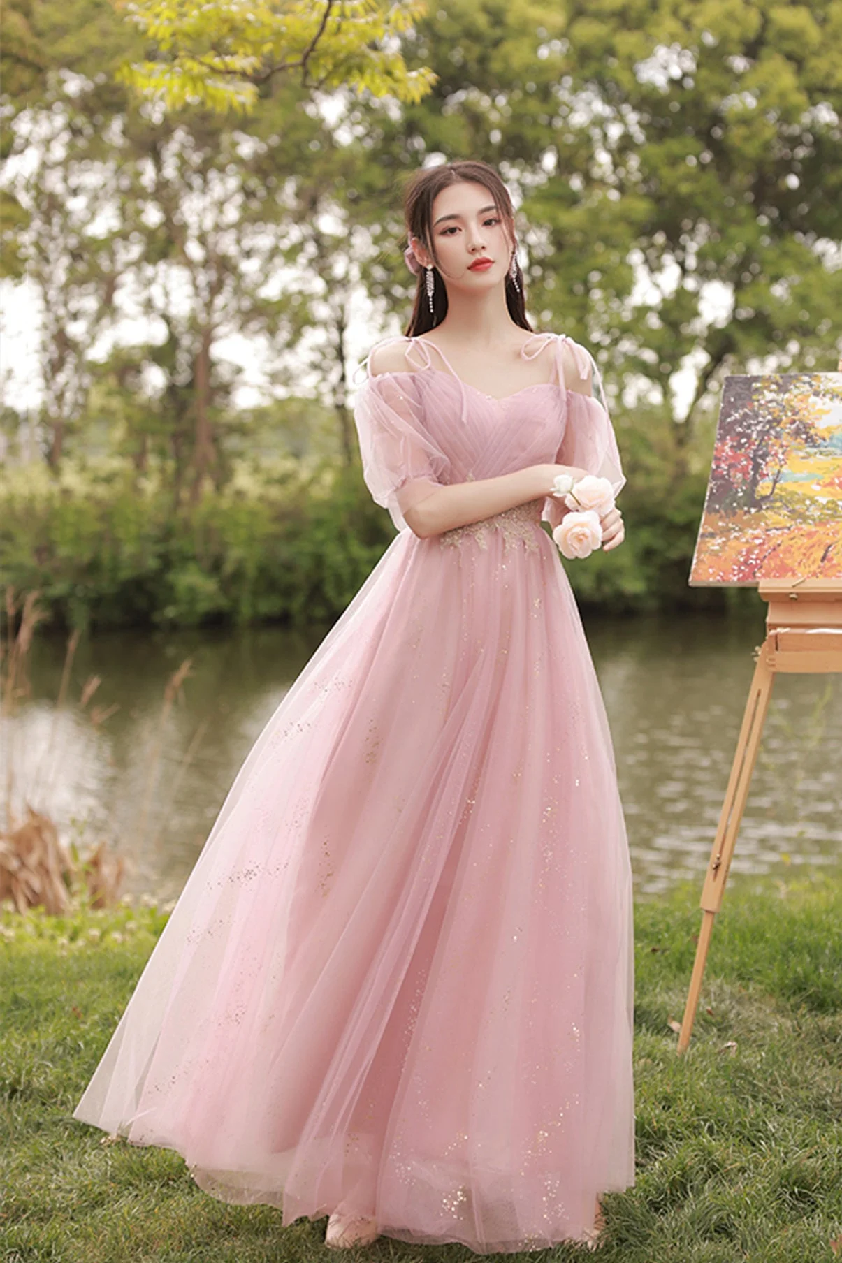 solvbao Pink Lace Long Prom Dresses, A-Line Evening Dresses - Deanwangkt