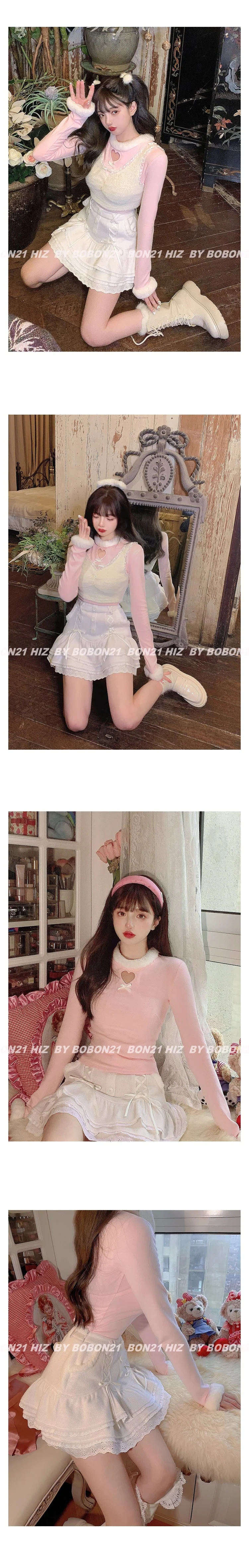 Japanese Kawaii Lolita Mini Skirt Women Winter Lace Casual Elegant Sweet Female Skirt High Waist Bandage Korean Skirt  New - Deanwangkt