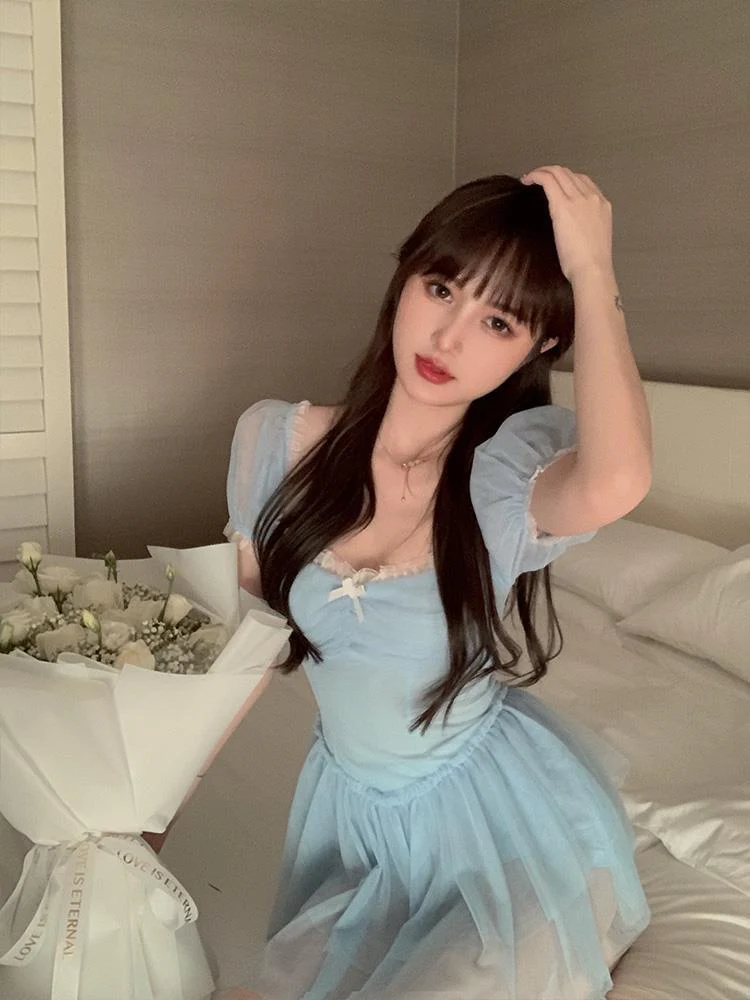 deanwangkt Fairy Dress Korean Party Mini Sexy Dress Female Summer High Waist Elegant Kawaii Dress Female Short Sleeve Design Sweet Casual Dress - Deanwangkt