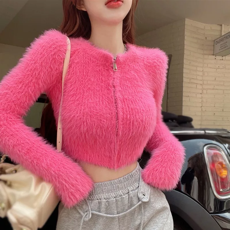 deanwangkt Coat Women's Sweater Top Knitted Cardigan Plush Off Shoulder Short Style Gentleness Mink Solid Color Zipper Design - Deanwangkt