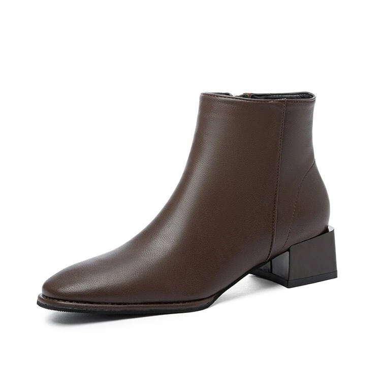 deanwangkt Women Ankle Boots Mid Heels Dress Shoes Woman Ol Office Lady Shoes Winter Botines with Zipper Black Botas De Mujer Brown - Deanwangkt
