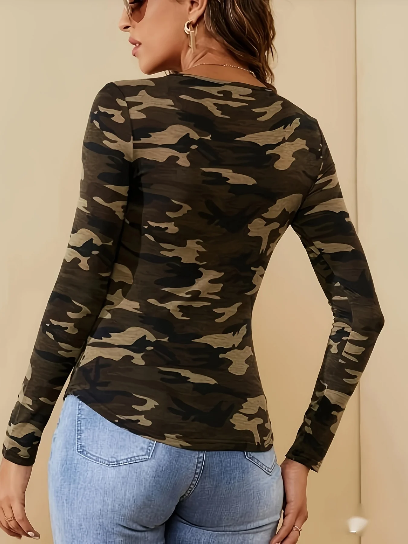 deanwangkt-1 Camo Print Crew Neck T-Shirt, Casual Long Sleeve Top For Spring & Fall, Women's Clothing - Deanwangkt
