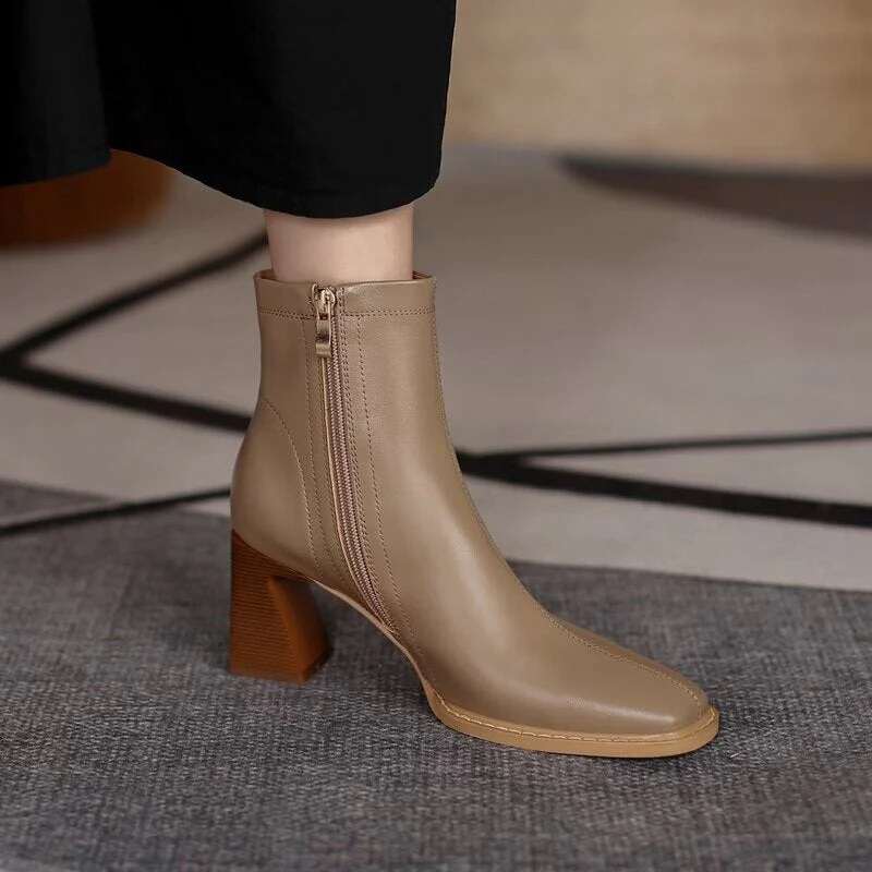 deanwangkt Ankle Boots for Women Square Toe Fashion Shoes Autumn Winter Short Boots Zipper Square Heels Comfortable Lady Shoes - Deanwangkt