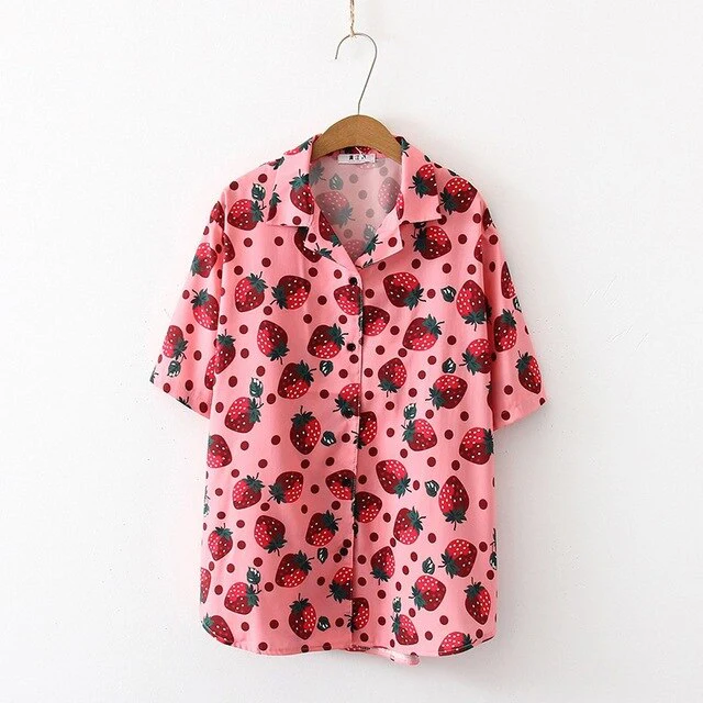 deanwangkt New Women Blouses Holiday Casual Short Sleeve Tops Ladies Strawberry Printed Shirt Korean Summer Fashion Women Clothing - Deanwangkt