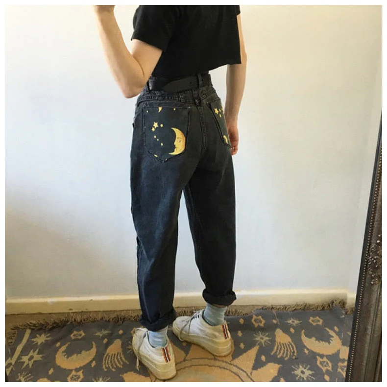 deanwangkt Digital Moon Star Printed Straight Pants Trendy Pants Jeans Fashion Printed Ladies High Waist Young Girls Chic Denim Pants - Deanwangkt