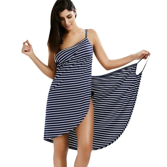 deanwangkt Women Beach Dress Sexy Sling  Wear Dress Sarong Bilini Cover Up Warp Pareo Dresses Backless  Swimwear Femme 5XL Plus Size stripe - Deanwangkt
