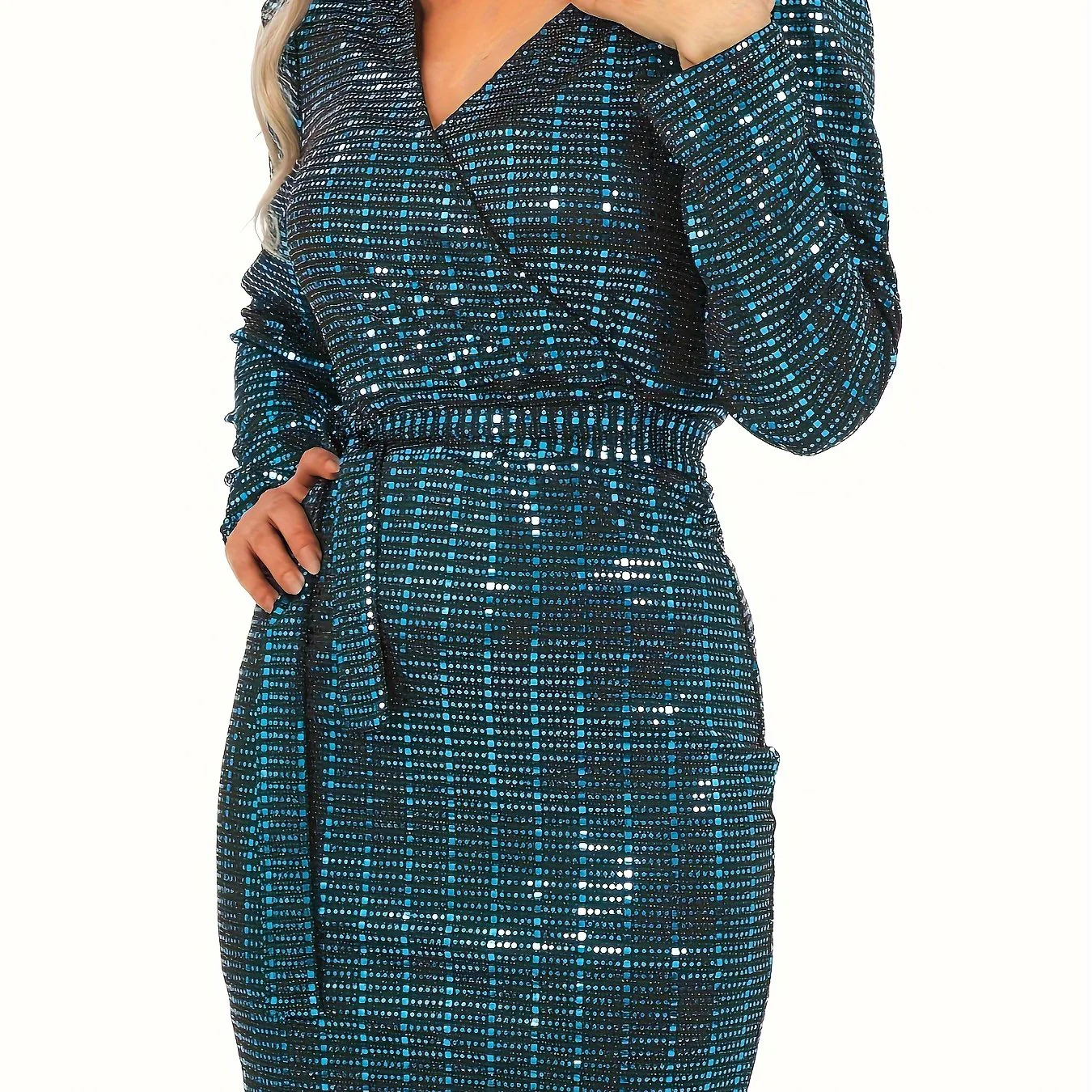 Surplice Neck Solid Bodycon Dress, Elegant Long Sleeve Above Knee Dress, Women's Clothing - Deanwangkt