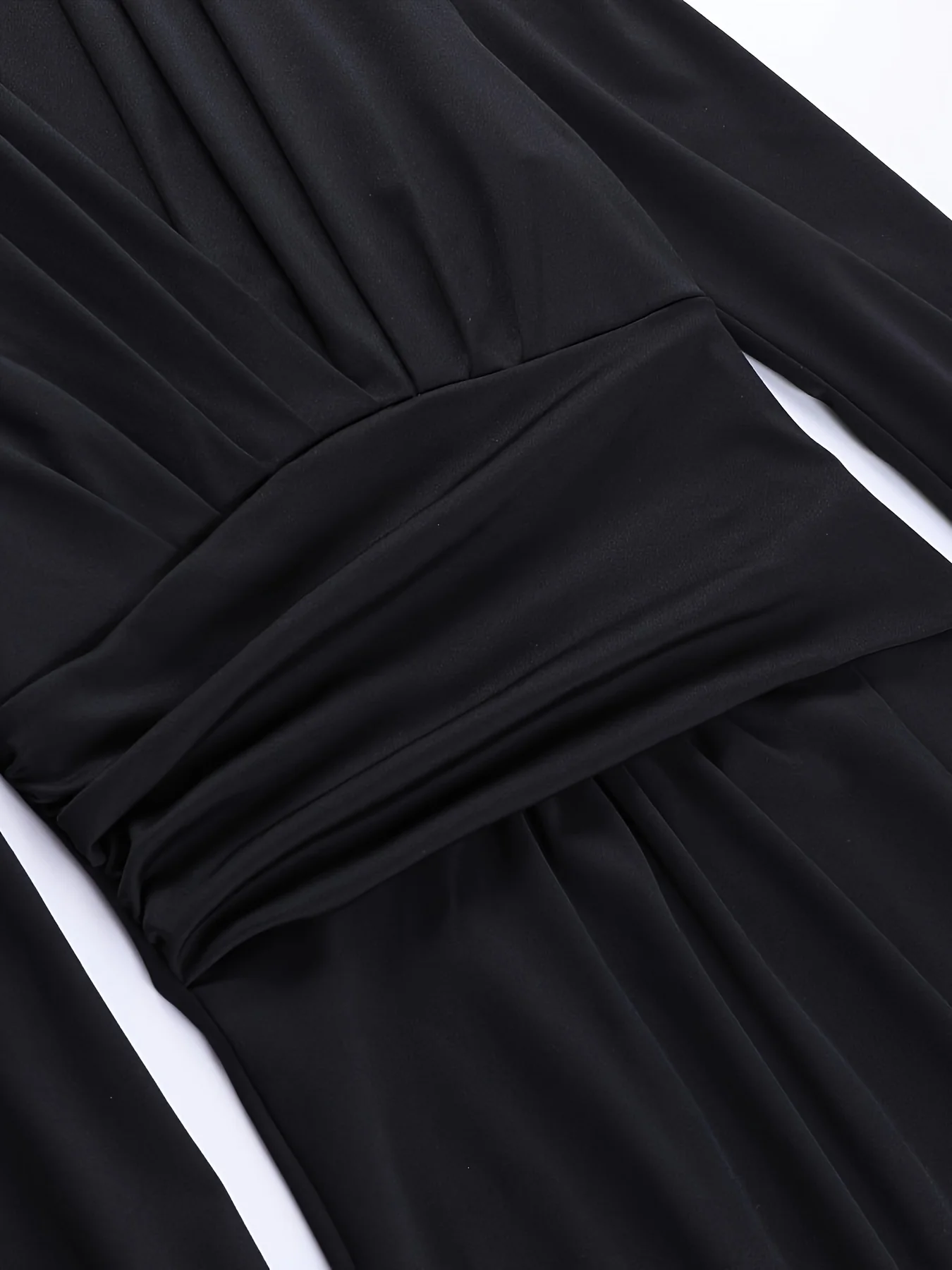 Solid V-neck Split Ruched Dress, Elegant Long Sleeve Dress For Spring & Fall, Women's Clothing - Deanwangkt