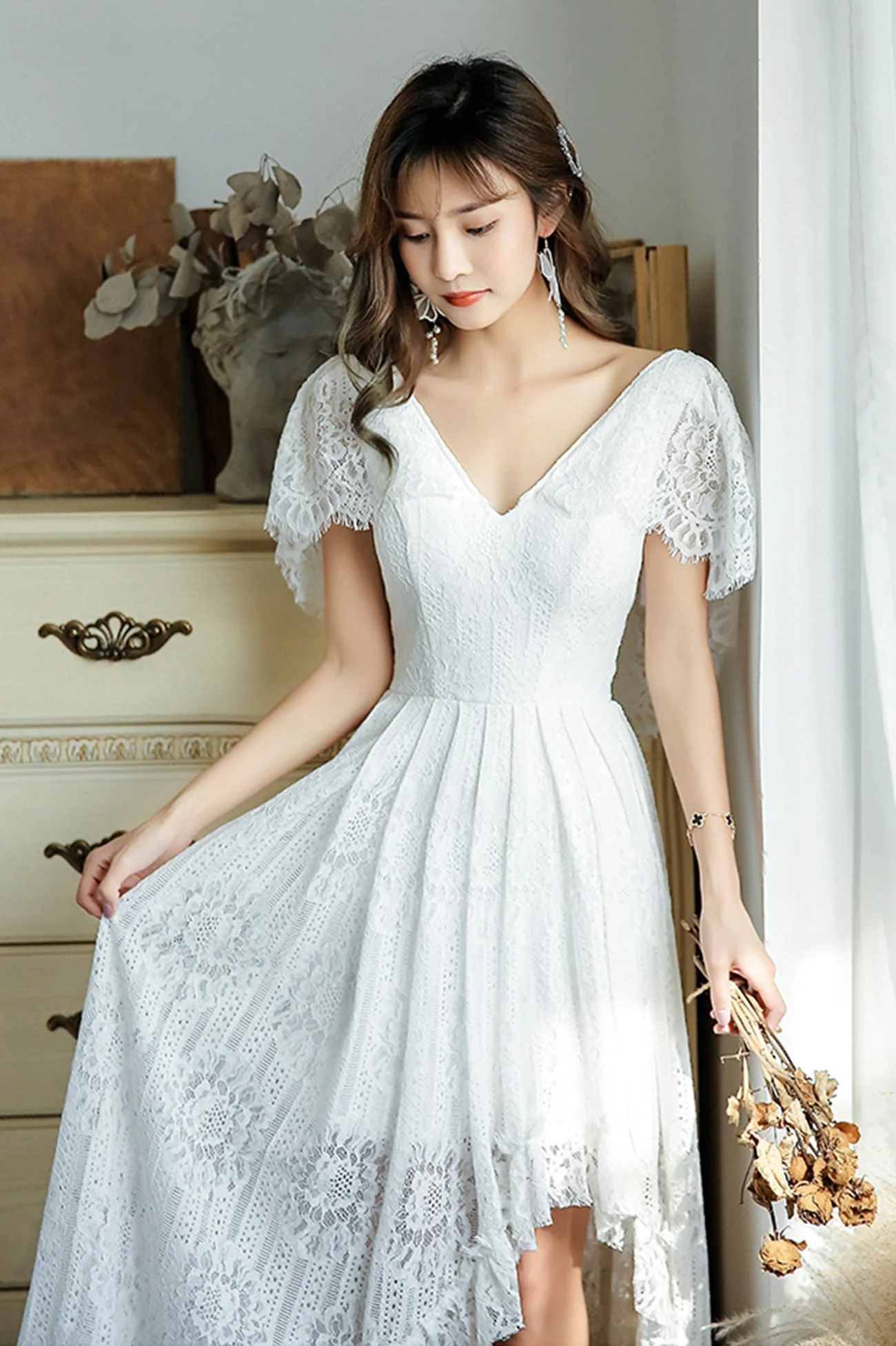 solvbao White V-Neck Lace High Low Prom Dress, White Evening Dress - Deanwangkt