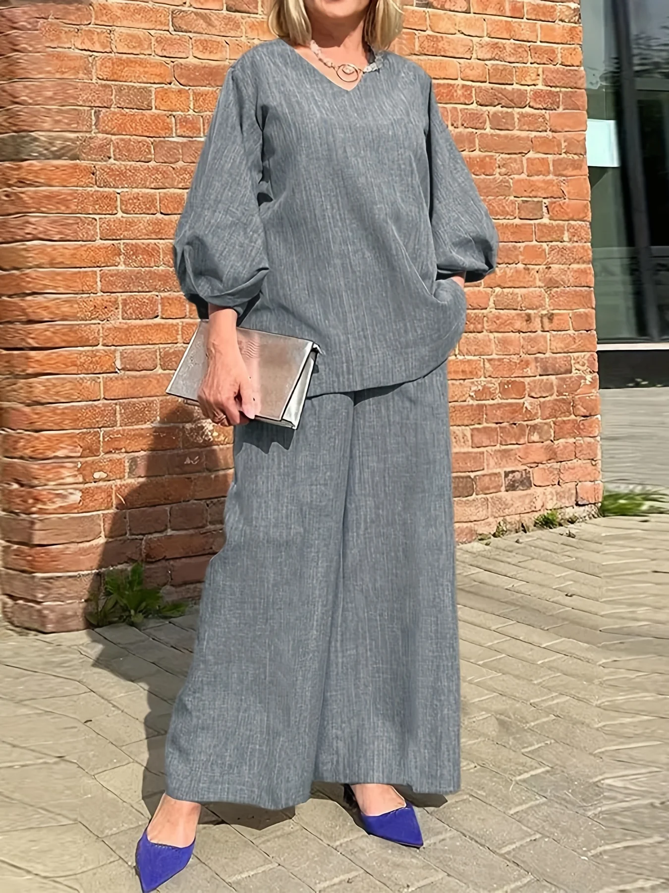 deanwangkt-1  Solid Casual Two-piece Set, V Neck Lantern Sleeve Tops & Wide Leg Pants Outfits, Women's Clothing - Deanwangkt