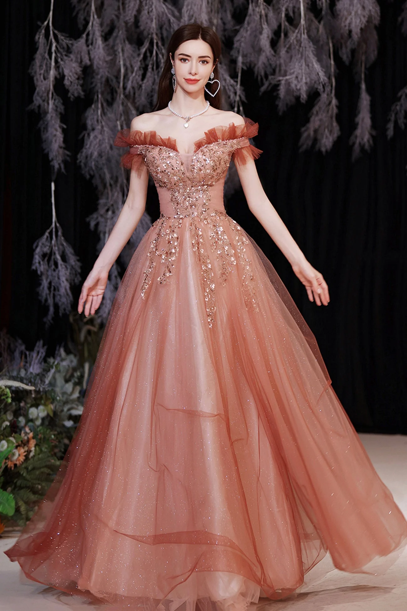 solvbao A-Line Tulle Sequins Long Prom Dresses, Off the Shoulder Evening Dresses - Deanwangkt