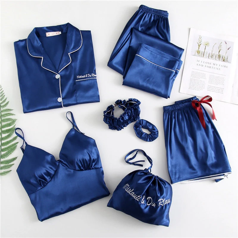 deanwangkt Pajamas Set Women Summer Sexy Flower Pyjamas Sexy Female Long Sleeve Shirt Pants Handwork Stitch Lingerie Striped Mom Sleepwear - Deanwangkt