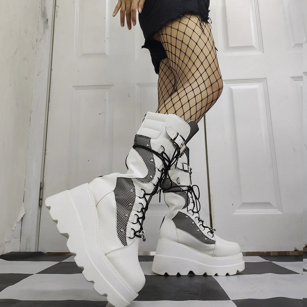 DEANWANGKT High Wedges Buckle Zipper Women Boots Punk Cool Street Thick Heel Shoeslace Autumn Ladies Shoes - Deanwangkt