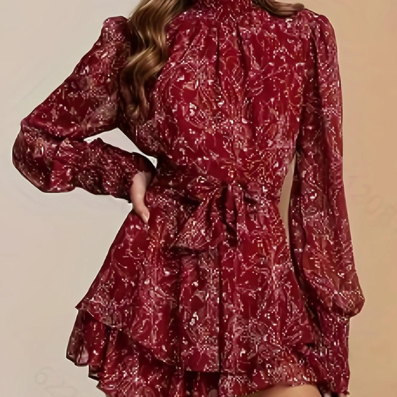 Floral Print High Neck Dress, Elegant Layered Ruffle Long Sleeve Dress, Women's Clothing - Deanwangkt