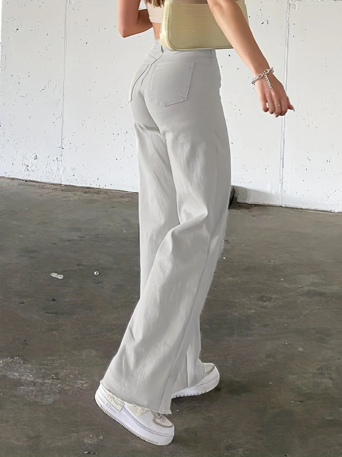 White Loose Fit Straight Jeans, Slash Pockets Non-Stretch Baggy Denim Pants, Women's Denim Jeans & Clothing - Deanwangkt